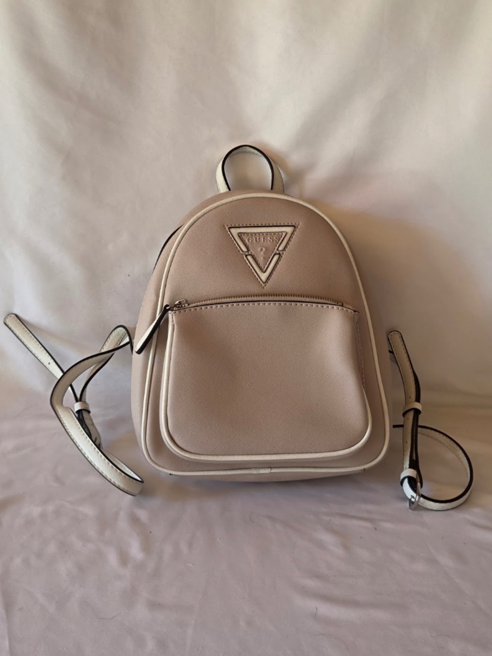 GUESS Mini Backpack Dusty Pale Pink White Trim Textured Faux Leather